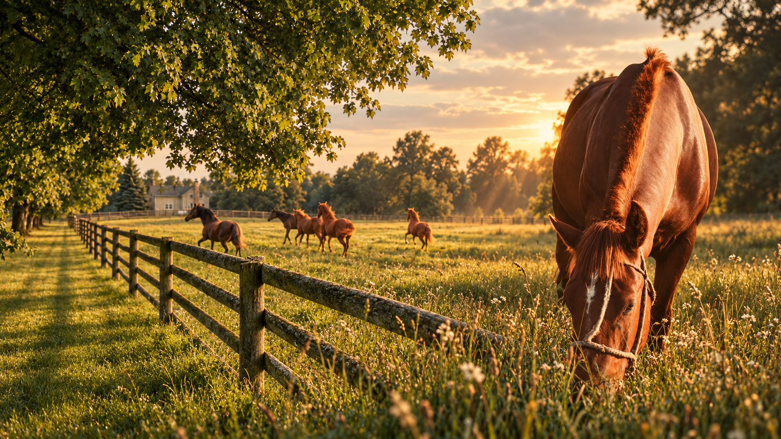 Cavalos no pasto do Haras Nook ao entardecer